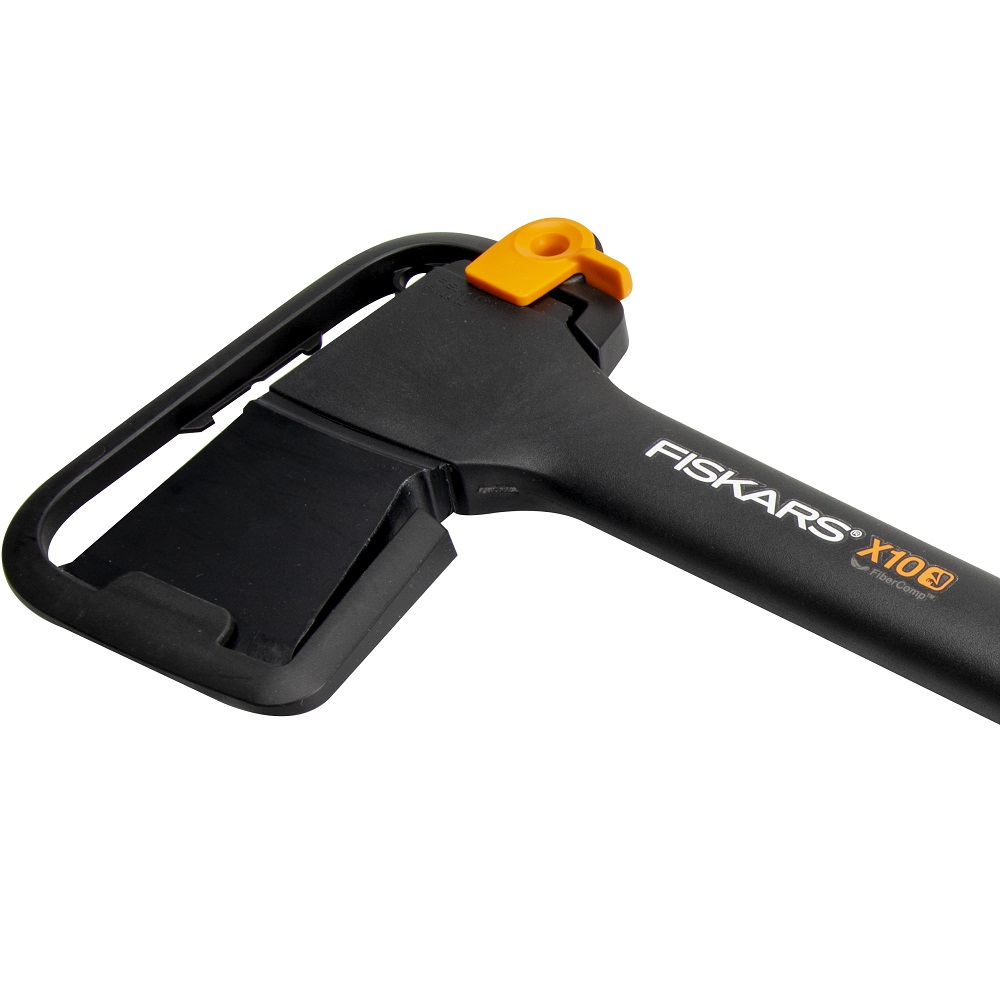 Fiskars chopping axe with black handle and orange safety clip, designed for small wood tasks.