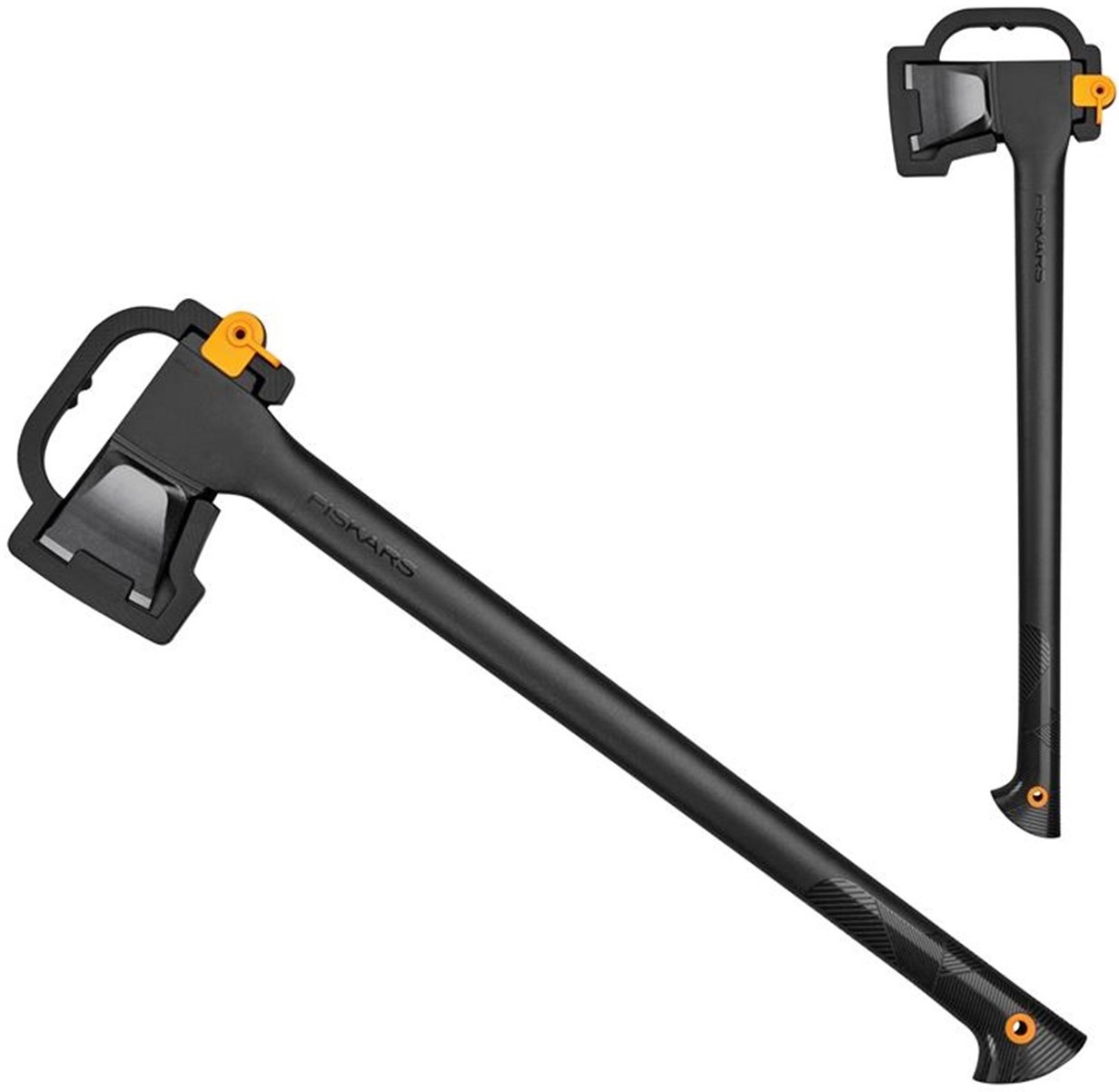 Fiskars Solid Splitting Axe A19 L with a black handle and orange accents, designed for wood splitting.