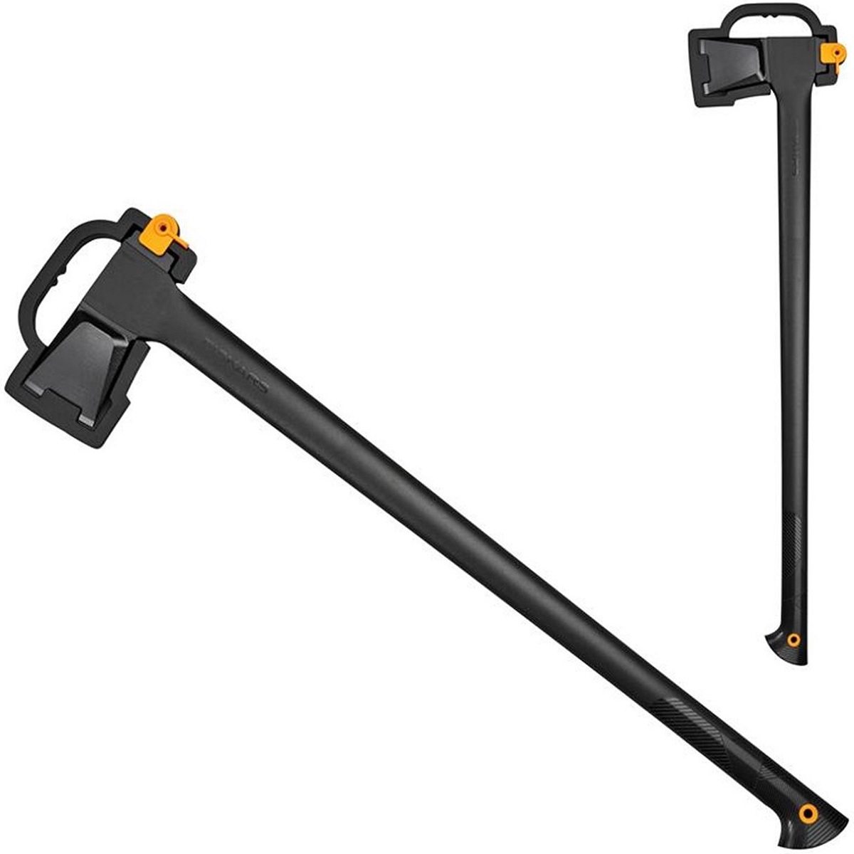 Showing the Fiskars Solid Splitting Axe A26 XL with a long handle and sharp blade, designed for wood splitting.
