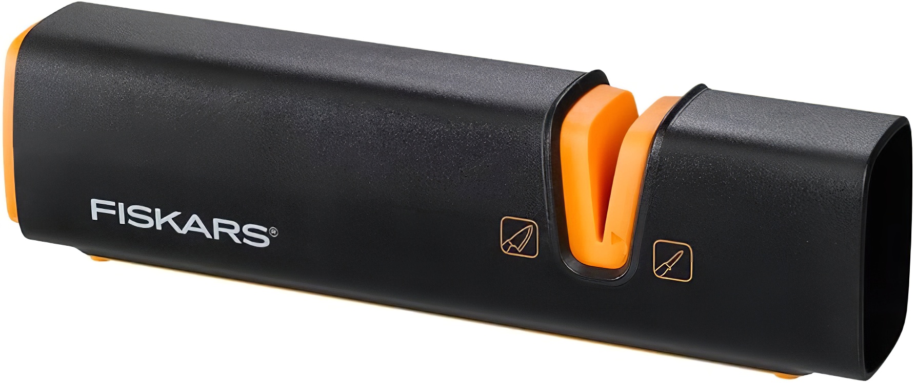 closeup Fiskars knife and axe sharpener with black and orange design