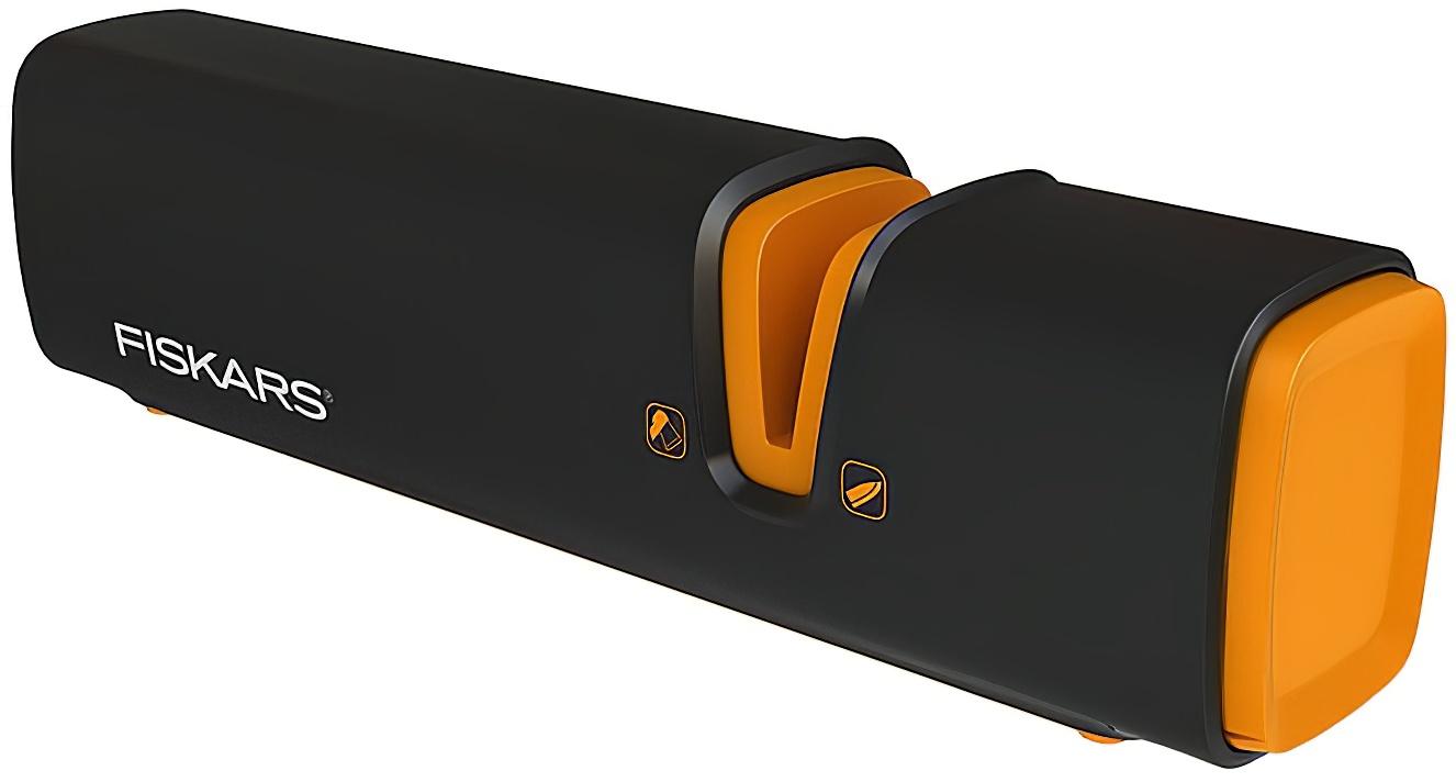 Fiskars knife sharpener with black and orange design demonstration