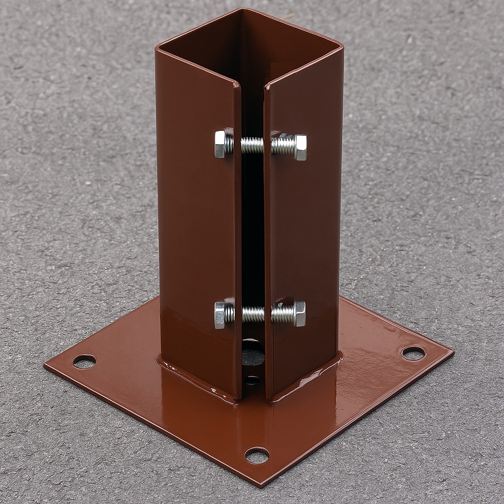 Brown metal shoe for 50mm garden fence posts with bolt down design and compact clamping on tarmac