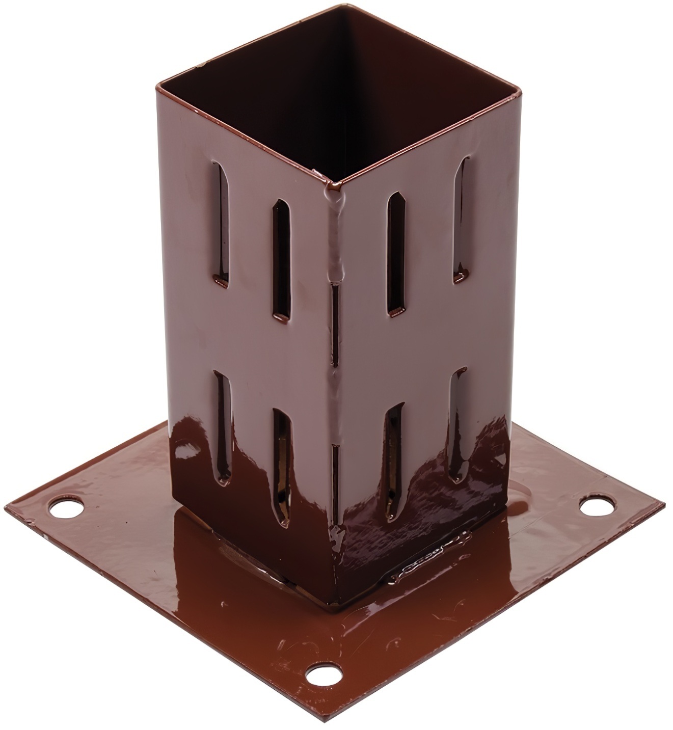 Brown metal garden fence post shoe with bolt down mounting holes for 75mm timber.