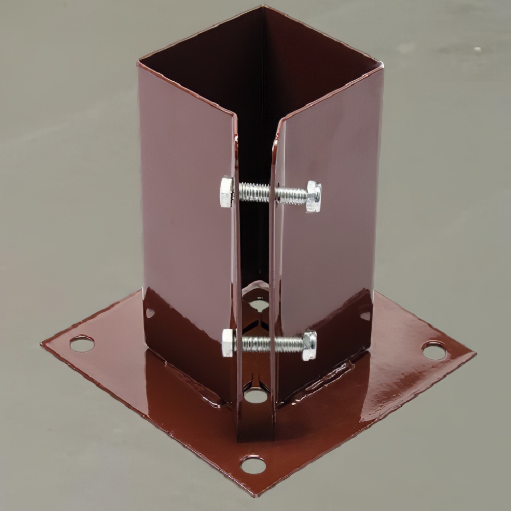 Brown metal shoe for timber posts with a square base and bolt fittings designed for set in concrete