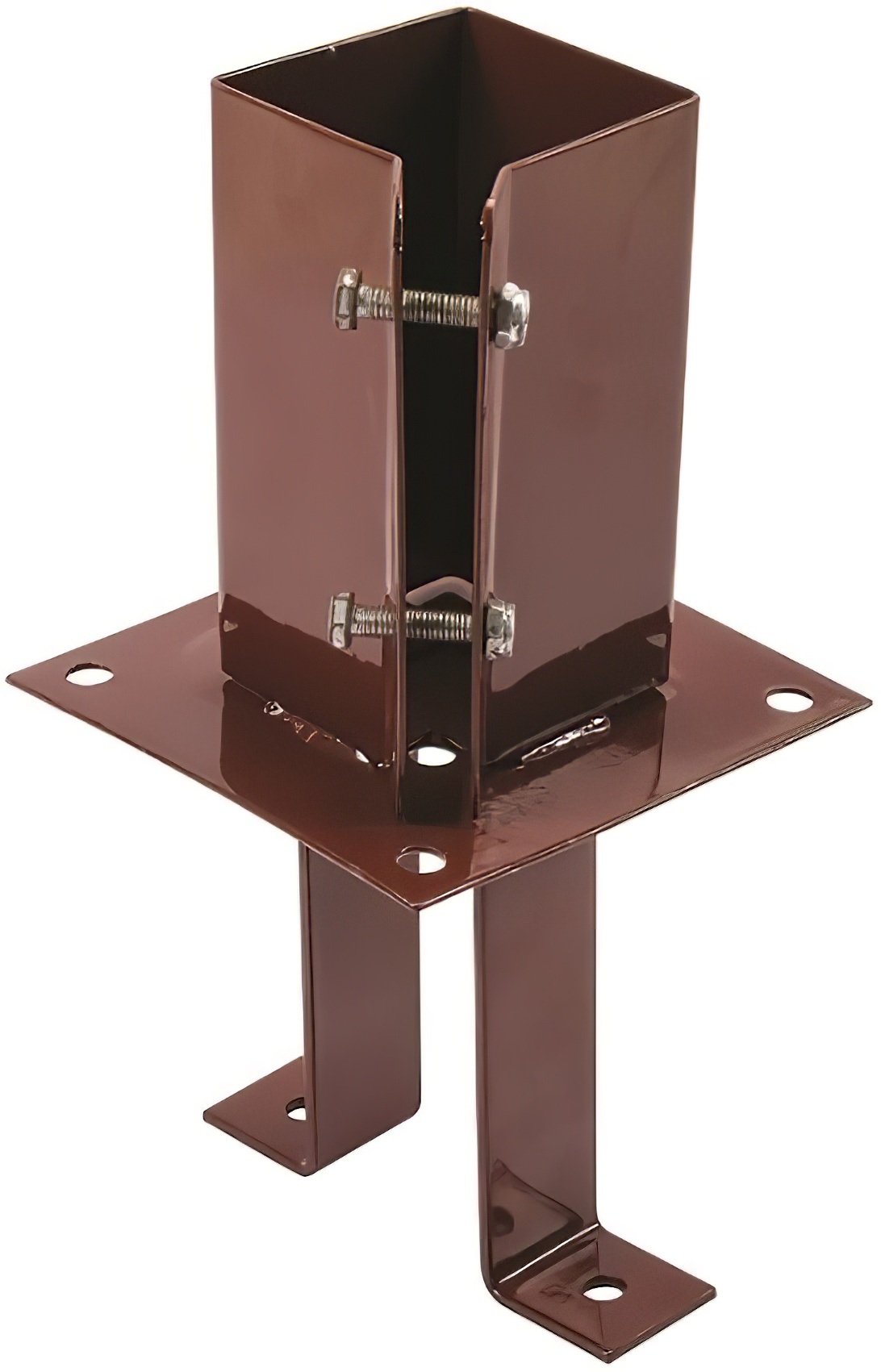 Brown metal shoe for timber posts with a square base and bolt fittings designed for submersing in concrete