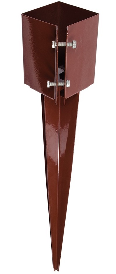 Brown metal post spike for timber clamping fence with bolts.