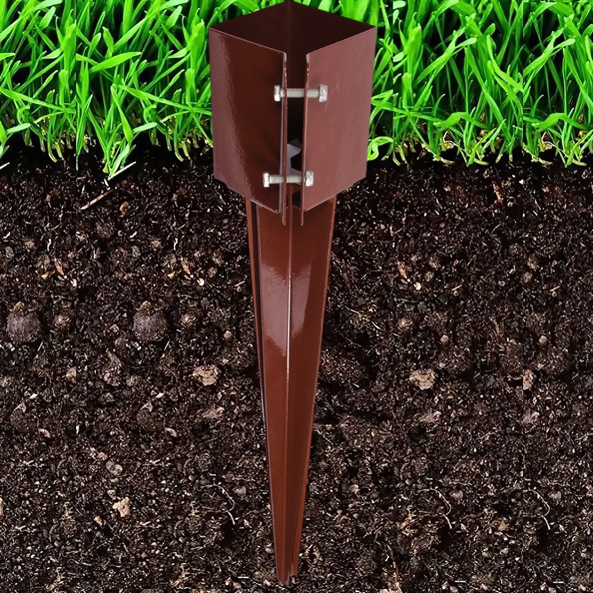Metal fence post spike with a brown finish, designed for timber posts, measuring 75mm or 100mm demo