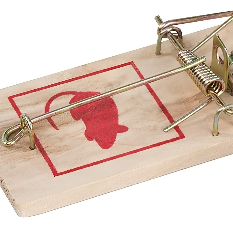 close up of mechanism for wooden mouse trap