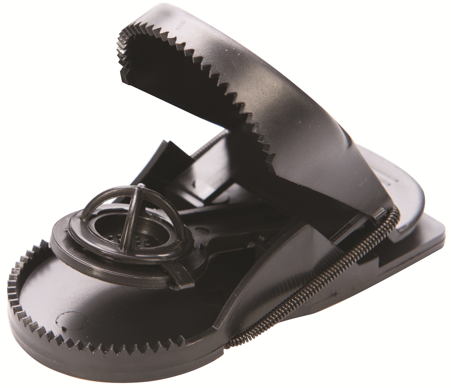 Black plastic rat trap with a spring-loaded mechanism and serrated edges