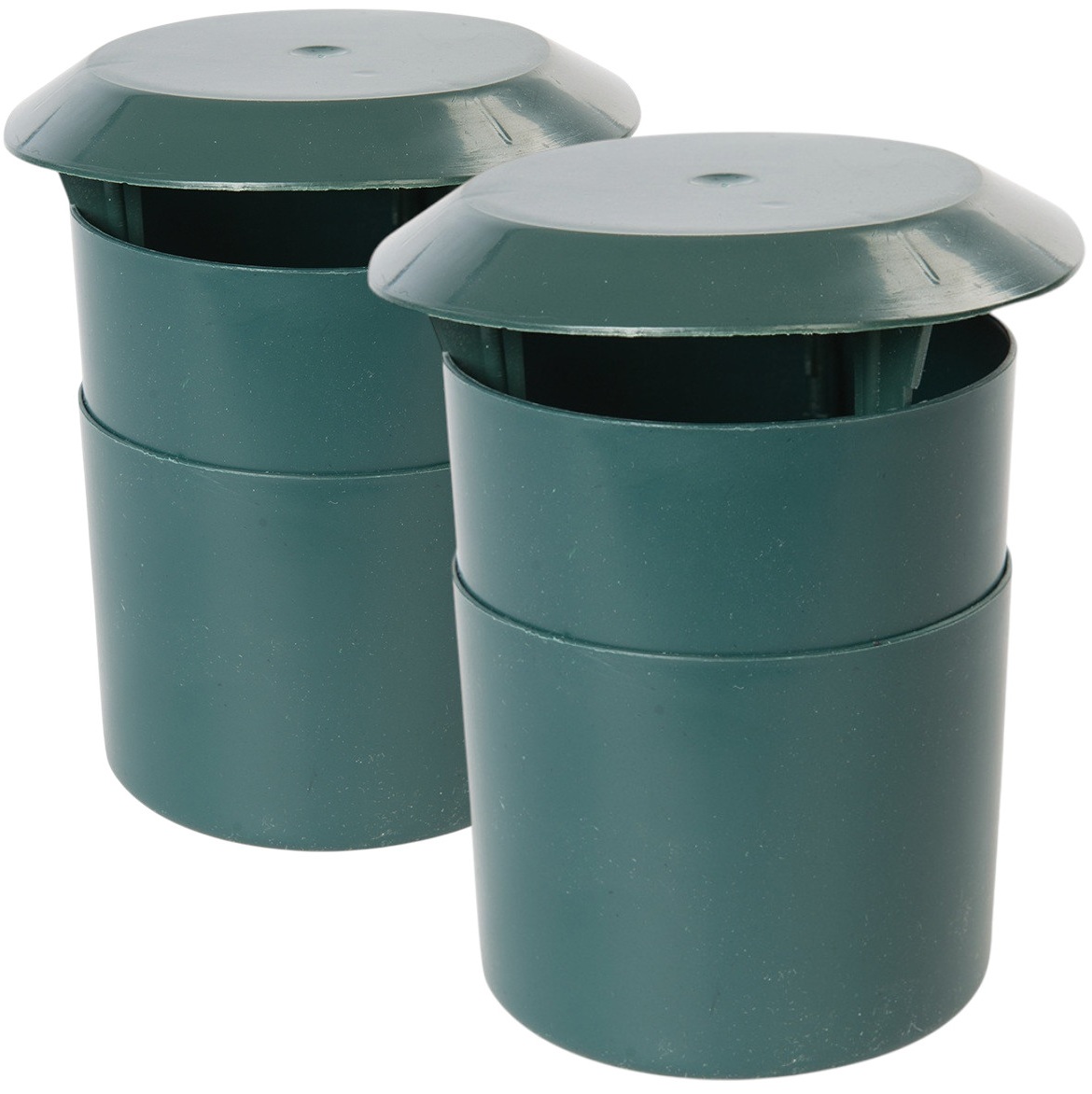 Two green Fixman slug and snail traps for garden protection.