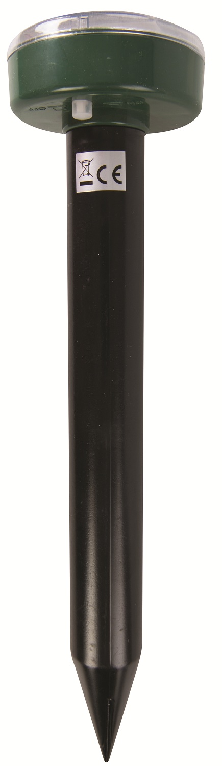 Solar-powered mole repeller with a pointed black stake and green top vertical