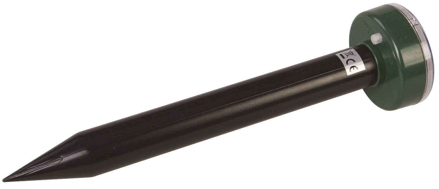 Solar-powered mole repeller with a pointed black stake and green top side-view