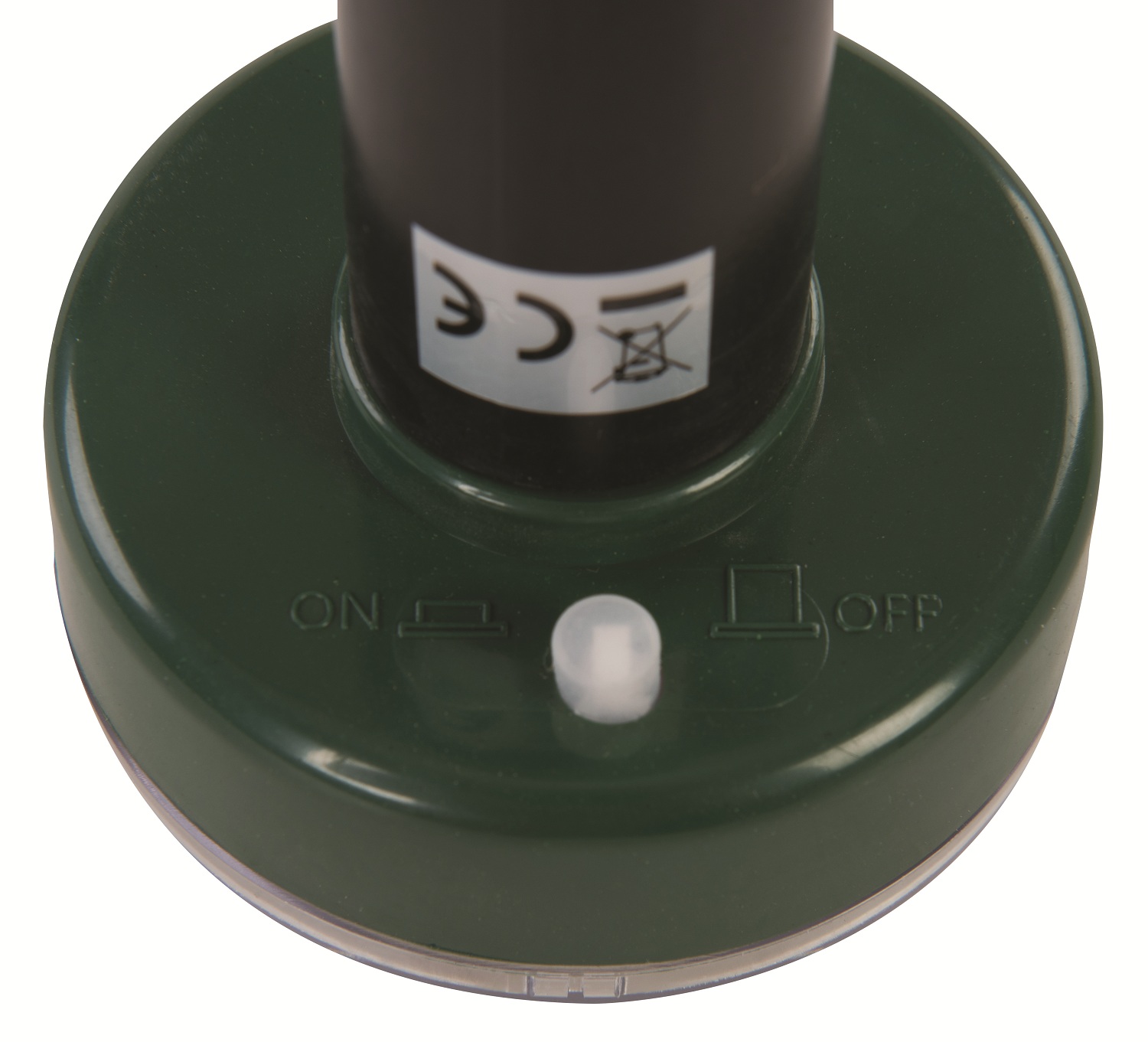 Solar-powered mole repeller with a pointed black stake and green top on off switch