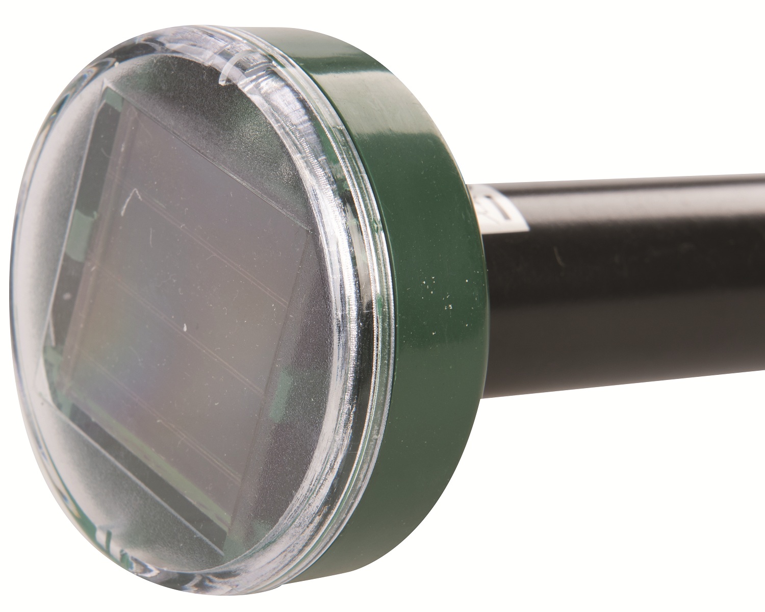 Close-up of a Fixman Sonic Solar-Powered Mole Repeller with a green and black design.