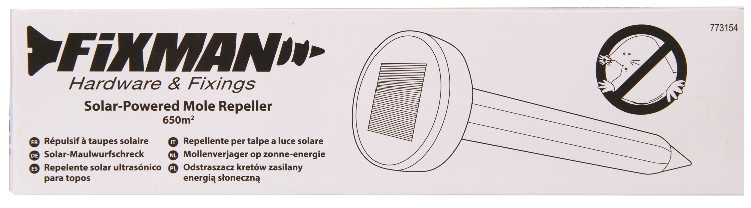 Solar-powered mole repeller with a pointed black stake and green top packaging front view