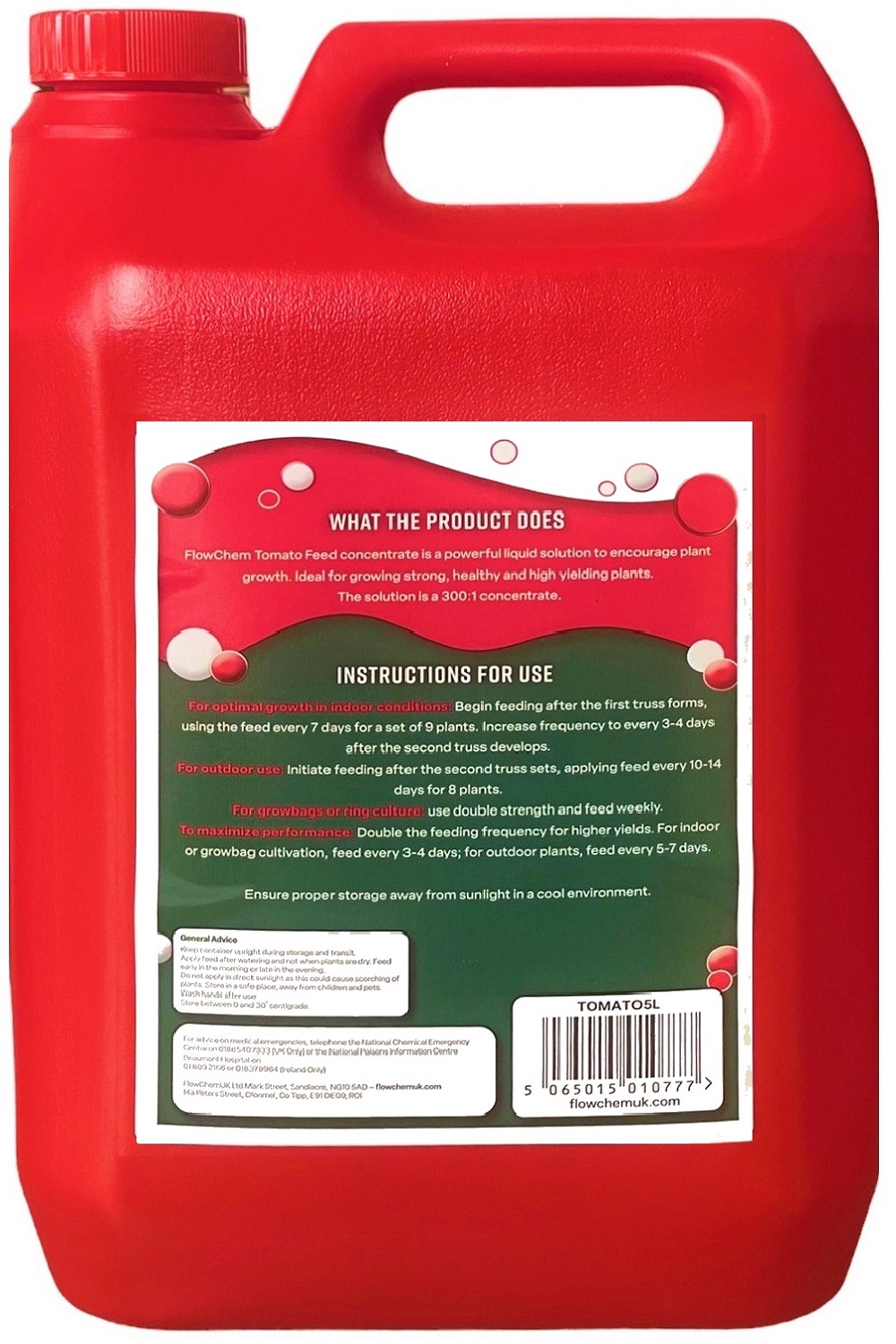 Red 5-litre container of Flow Power Liquid Tomato Feed Concentrated Plant Food with label detailing product use and instructions.