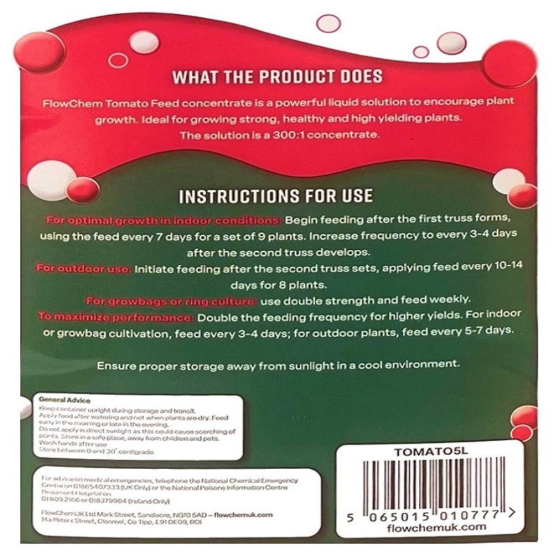 Back label of Flow Power Liquid Tomato Feed Concentrated Plant Food showing instructions and product details.