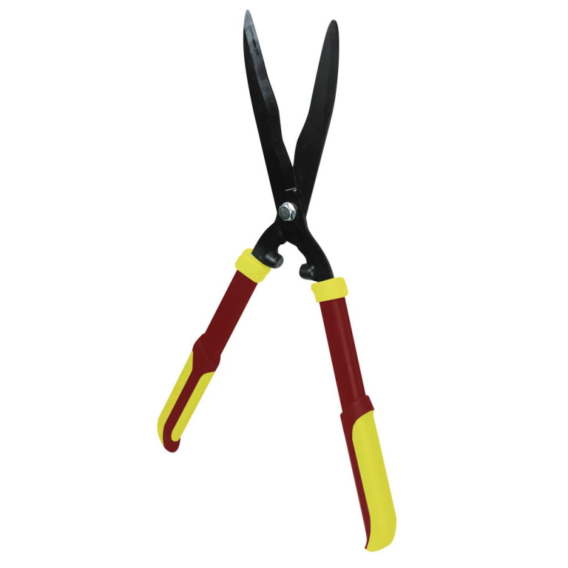 Garden shears with wavy edges and red and yellow handles.