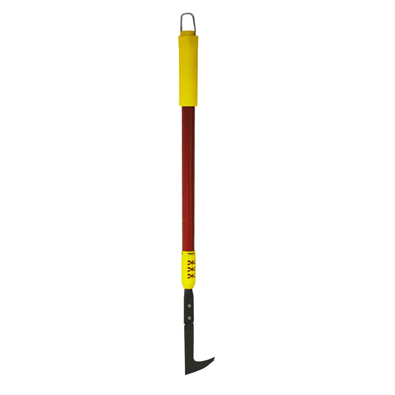 Telescopic long handle hooked patio weeder with a yellow grip and red shaft.