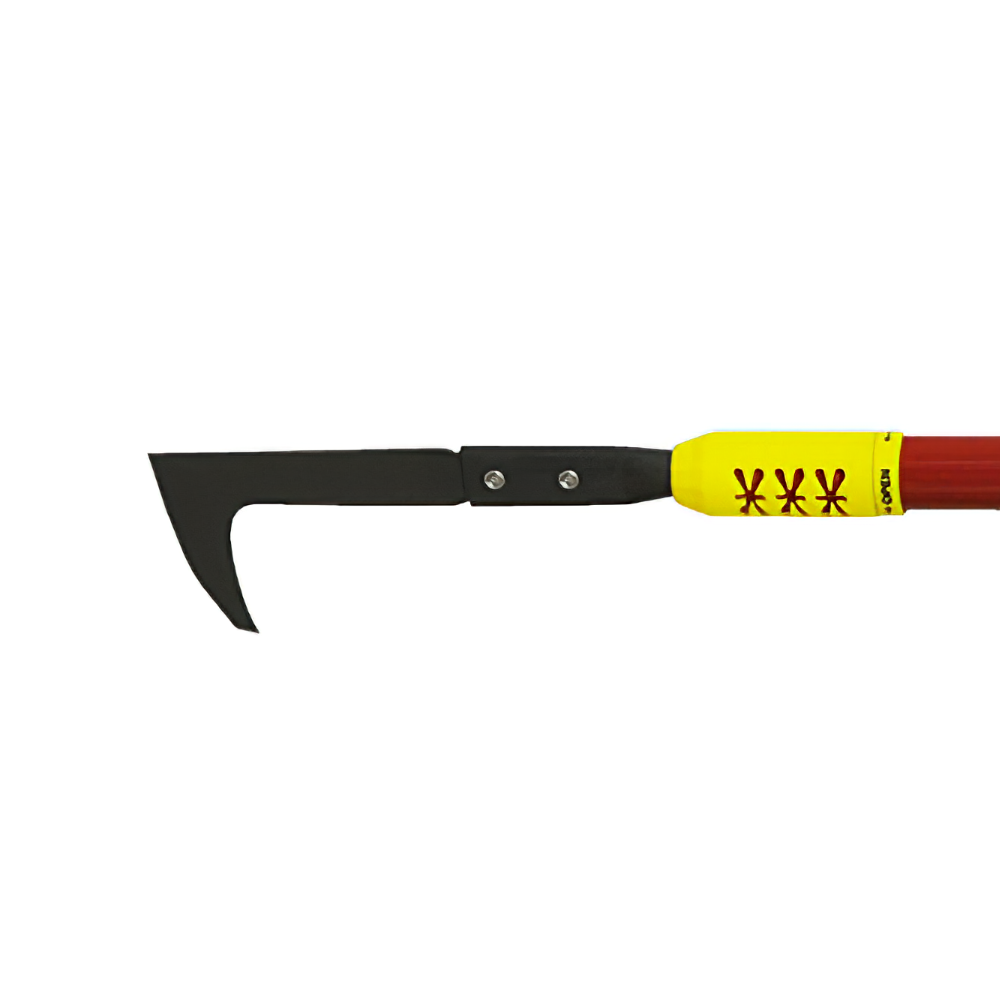 Telescopic long handle hooked patio weeder with a yellow and red grip.