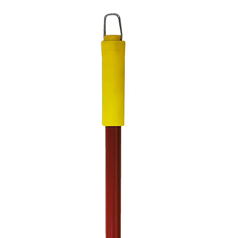Close-up of a yellow-handled telescopic garden weeder with a hooked end.