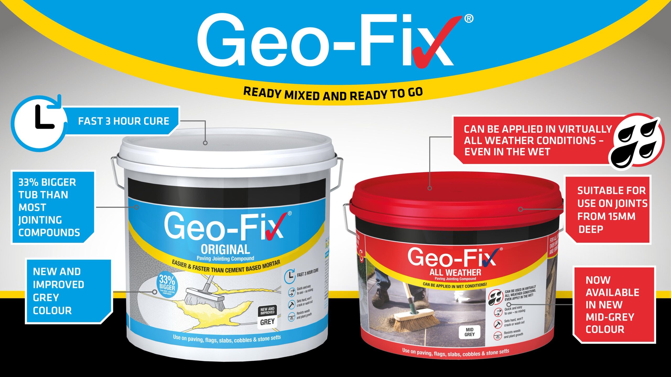 Geo-Fix All Weather Jointing Compound in Slate Grey, suitable for stone paving, displayed in a red tub.