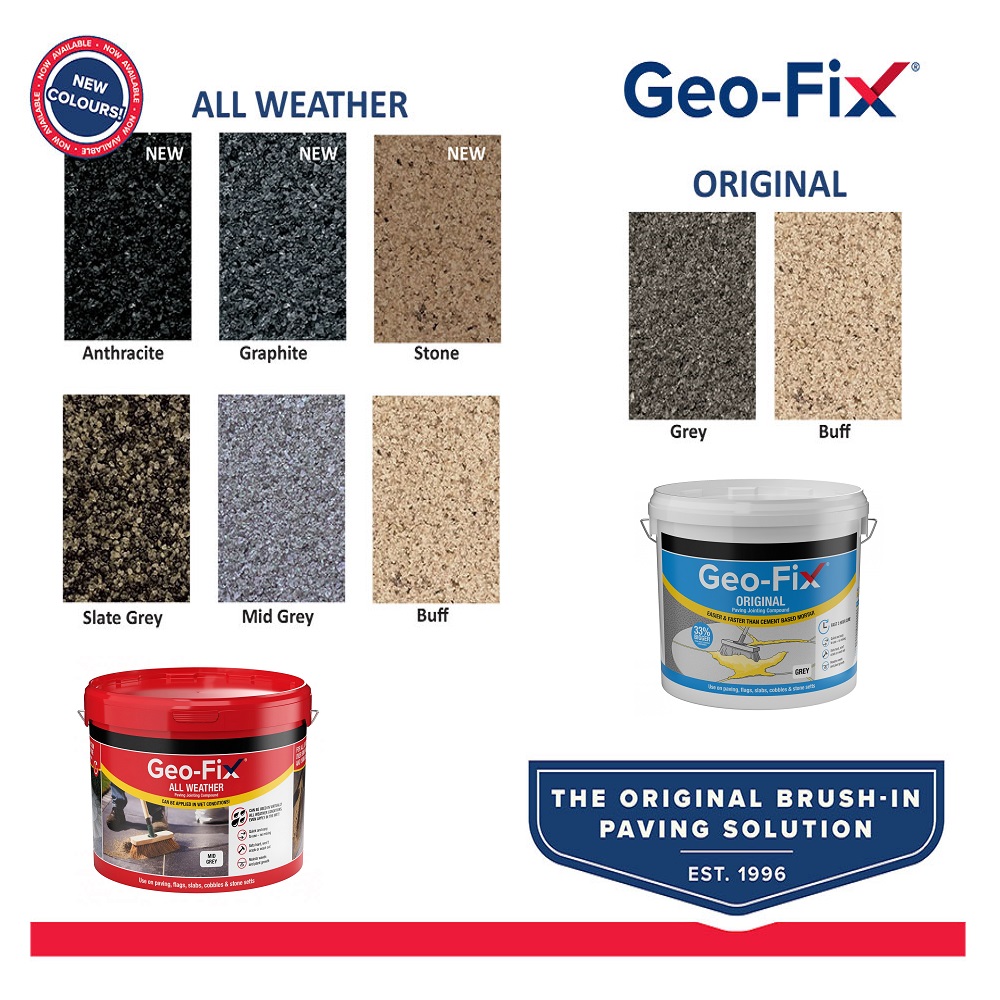 Geo-Fix All Weather Jointing Compound in Graphite with colour samples and product tubs.