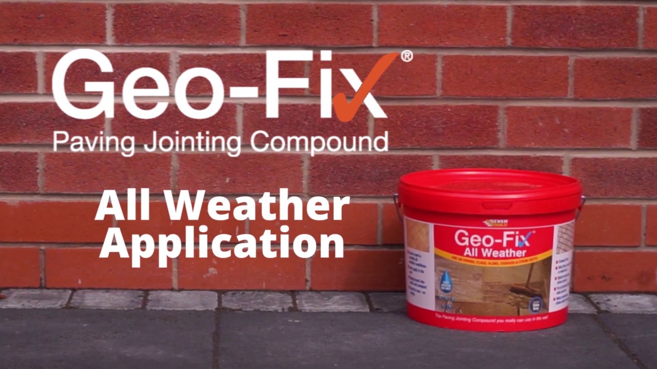 Geo-Fix All Weather Jointing Compound container in front of a brick wall.