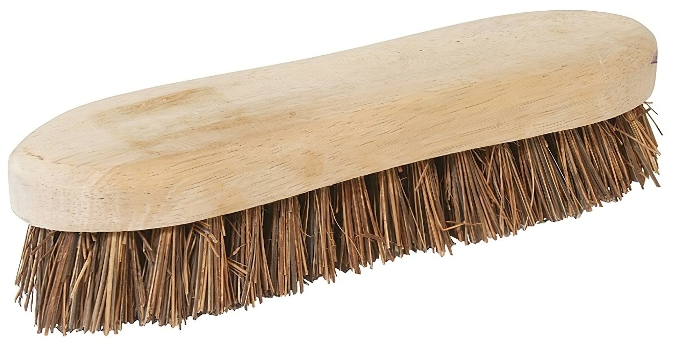 Wooden scrubbing brush with bassine bristles.