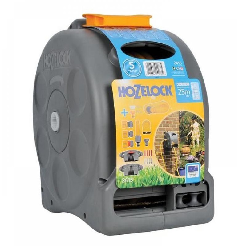 Hozelock hose pipe reel with 25m capacity, suitable for wall or floor mounting.