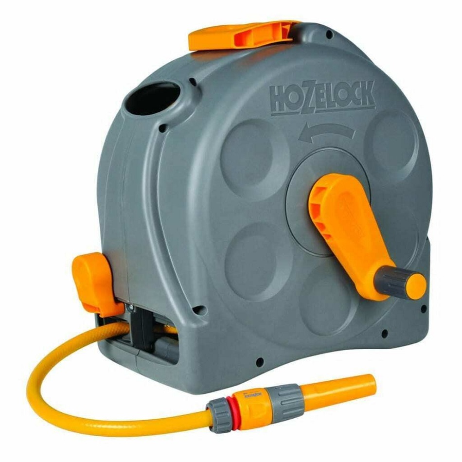 Grey and orange Hozelock hose pipe reel with a 25m capacity, suitable for wall or floor mounting.