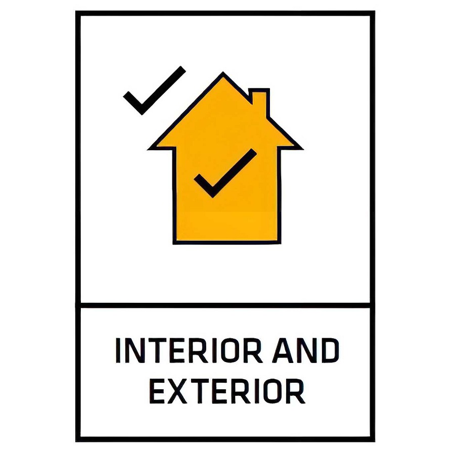 Illustration of a yellow house with check marks indicating suitability for interior and exterior use.