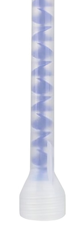 Close-up of a clear mixing nozzle for epoxy grout, featuring a spiral interior.
