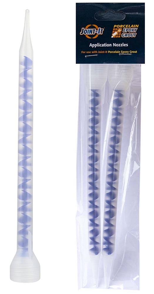Joint It Porcelain Epoxy Grout Mixing Nozzle Twin Pack showing two clear nozzles with blue spirals inside.