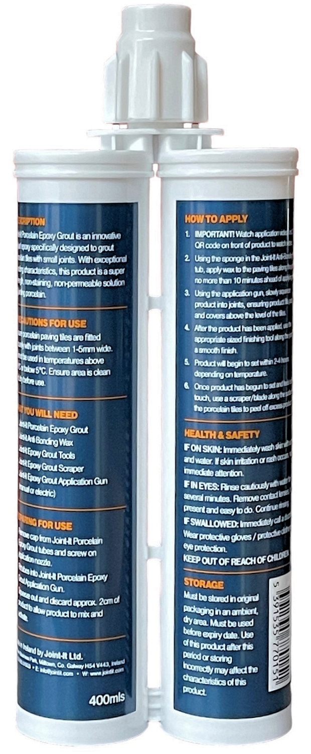 Two-part epoxy grout in grey, 400ml tubes with application instructions on the label.
