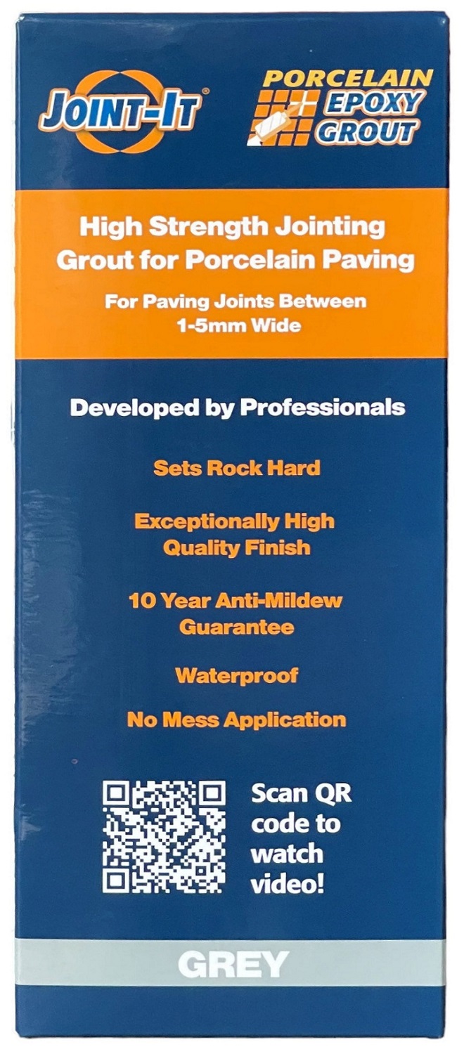 Packaging of Joint It 2-Part Porcelain Epoxy Pointing Grout Grey 400ml, highlighting features like high strength, anti-mildew guarantee, and waterproof properties.