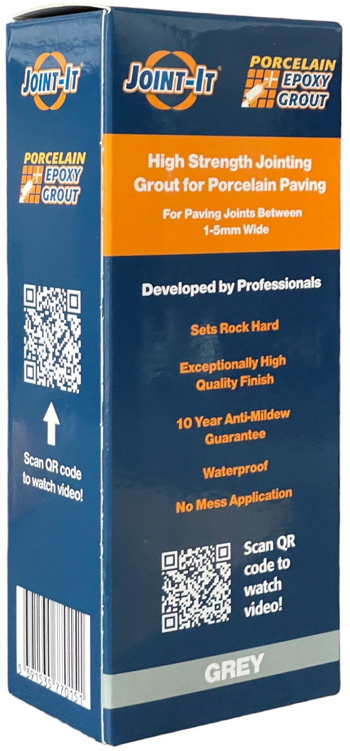 Packaging of Joint It 2-Part Porcelain Epoxy Pointing Grout in Grey, showing product features and QR code.