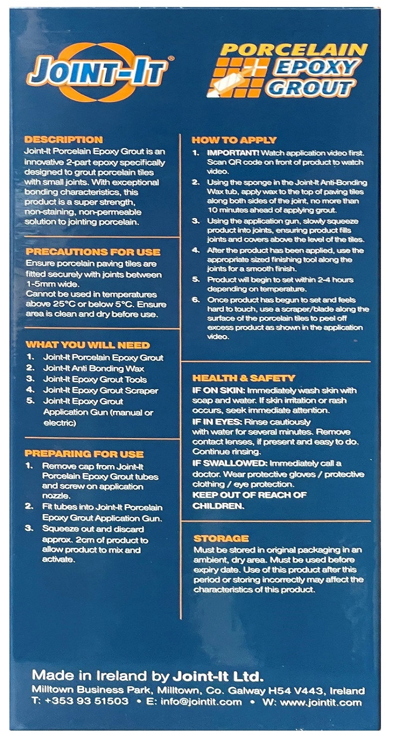 Instructions and details for Joint It 2-Part Porcelain Epoxy Pointing Grout Grey 400ml on product packaging.
