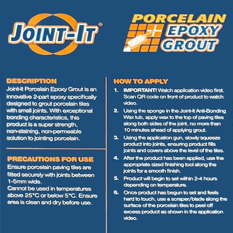 Instructions and description for Joint It 2-Part Porcelain Epoxy Pointing Grout Grey 400ml, highlighting application steps and precautions.