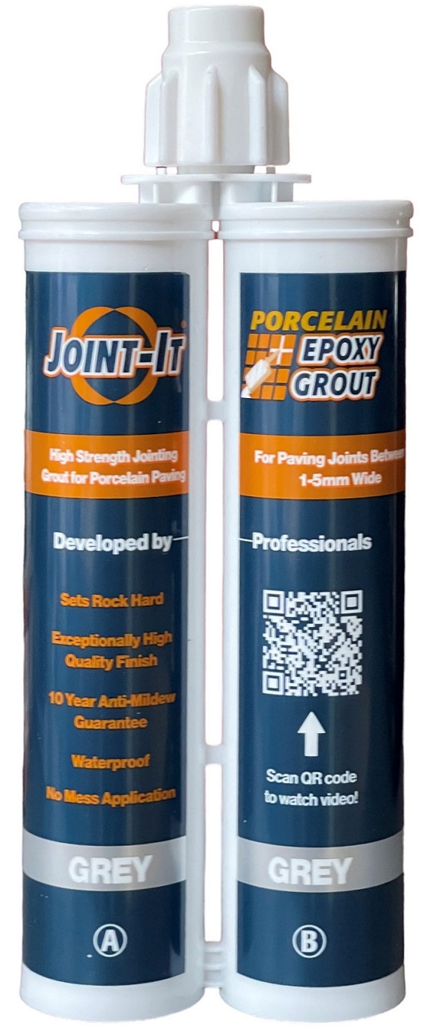 Twin pack of Joint It Porcelain Epoxy Grout Mixing Nozzle in grey, featuring high strength jointing for porcelain paving.