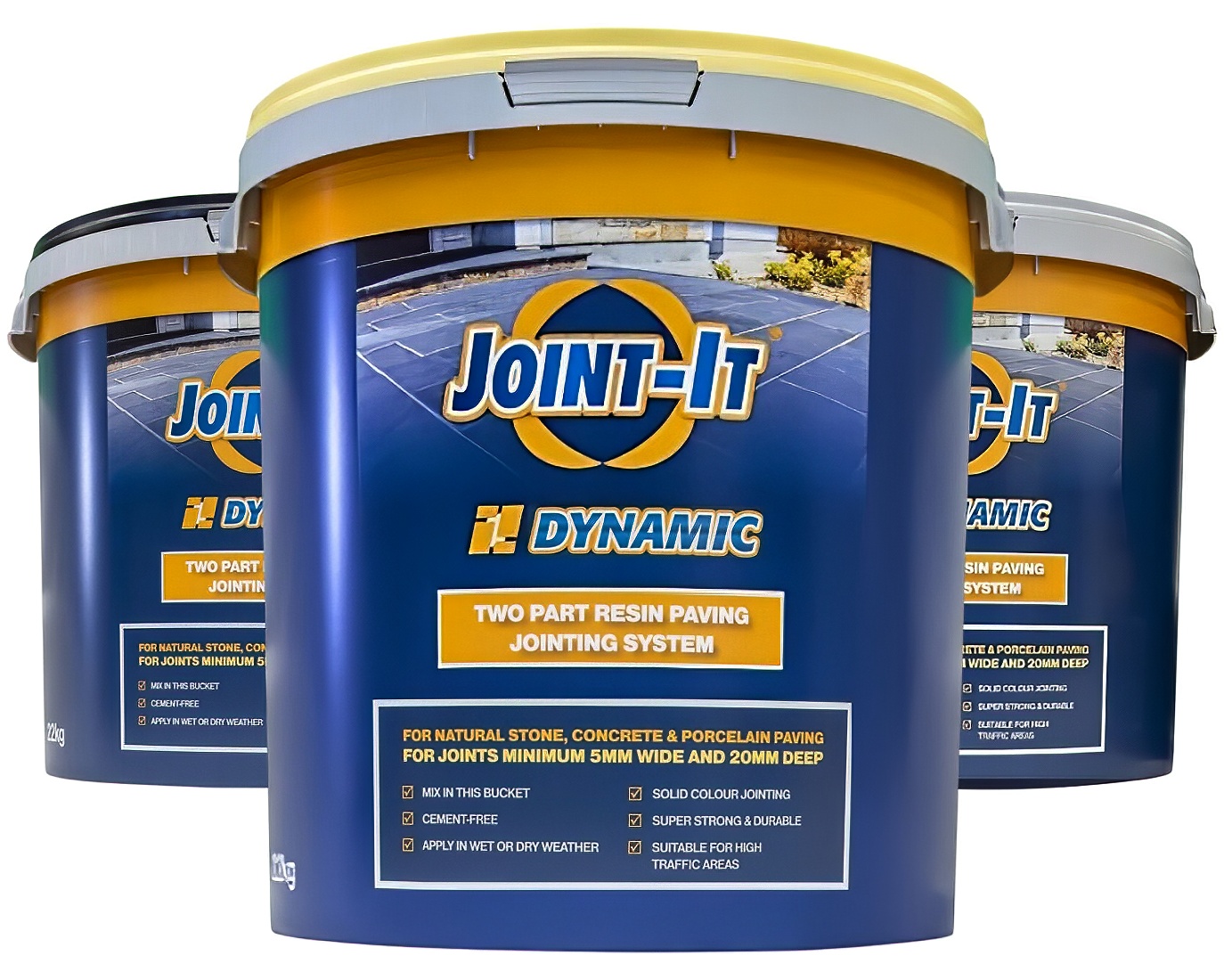 Joint-It Dynamic two part resin paving jointing system in blue and yellow tubs