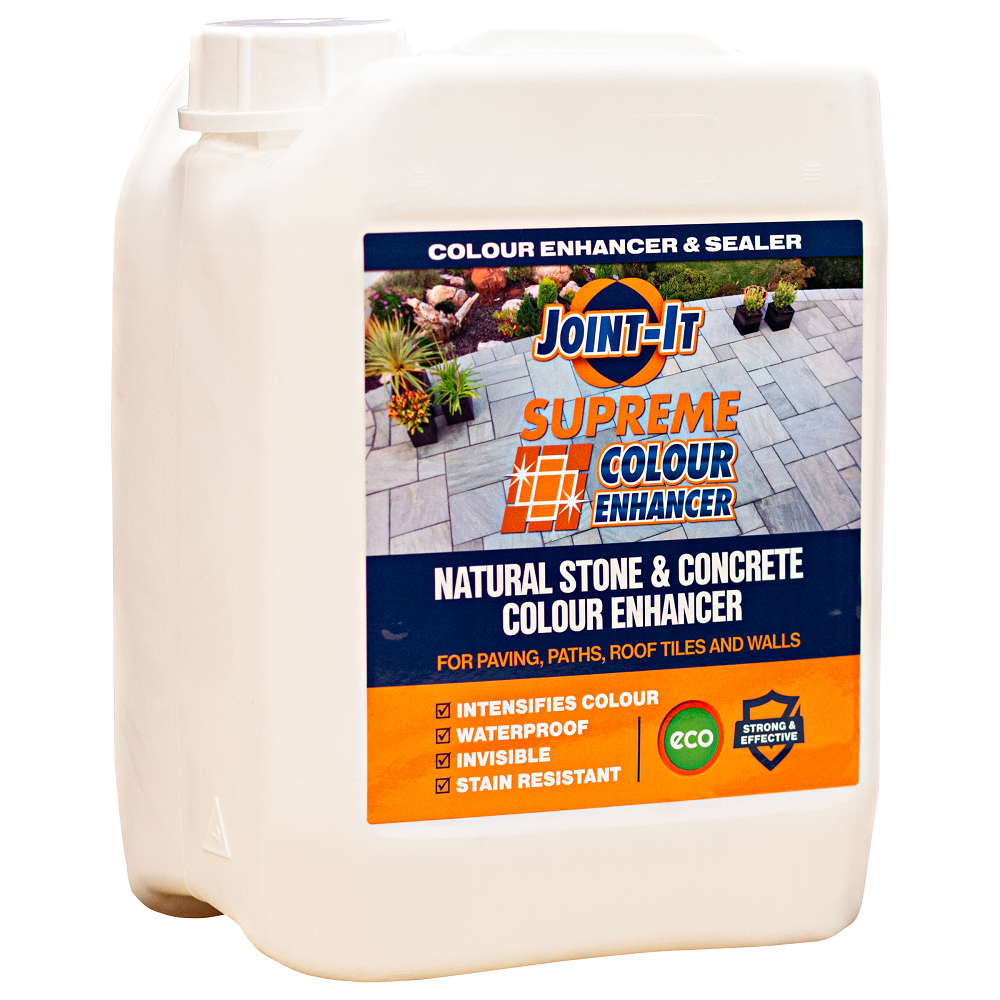Container of Joint It Supreme Colour Enhancer Sealer for Stone Features 5L with label showing product details.