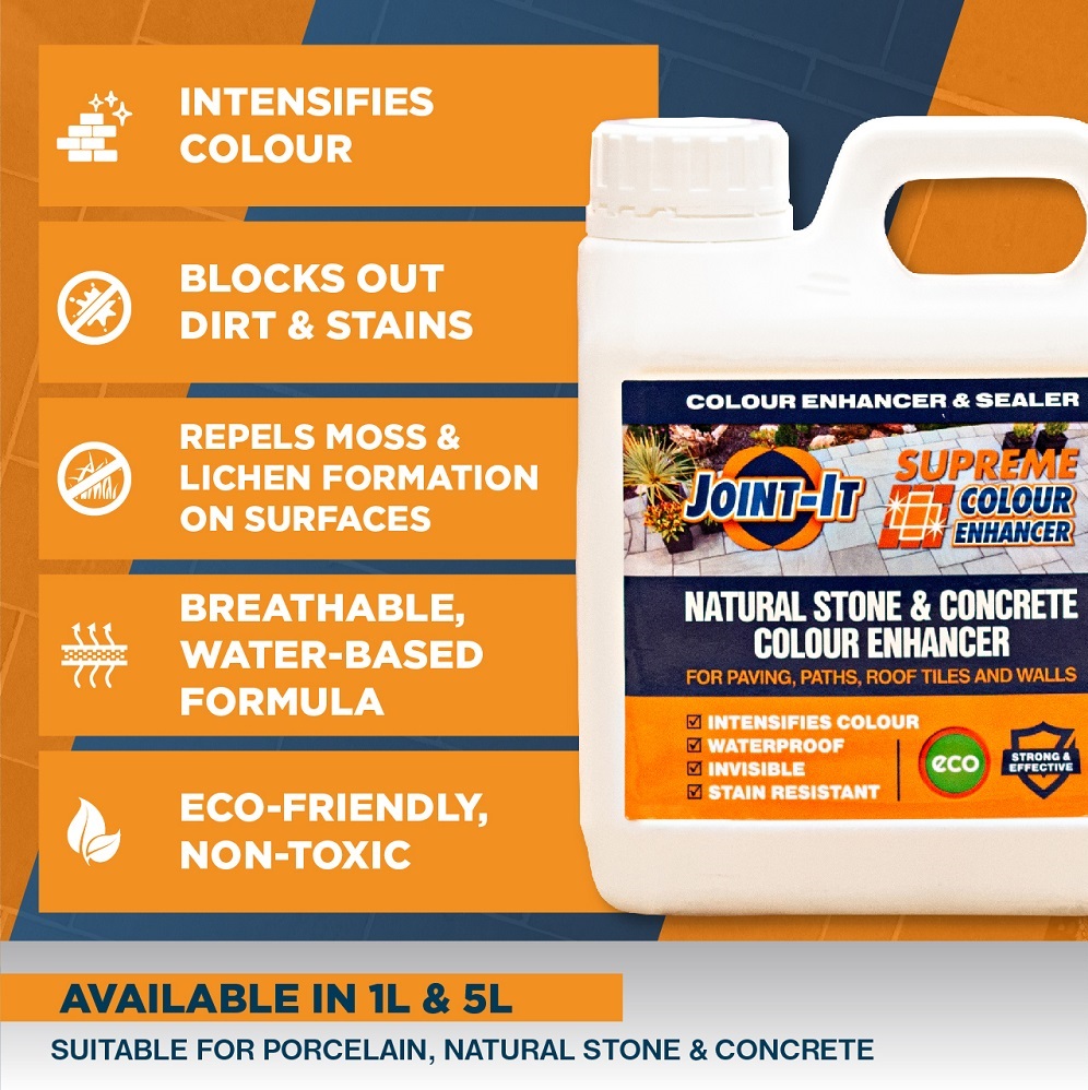 Joint It Supreme Colour Enhancer Sealer 5L bottle with features listed such as intensifies colour, blocks dirt and stains, repels moss, breathable formula, eco-friendly.