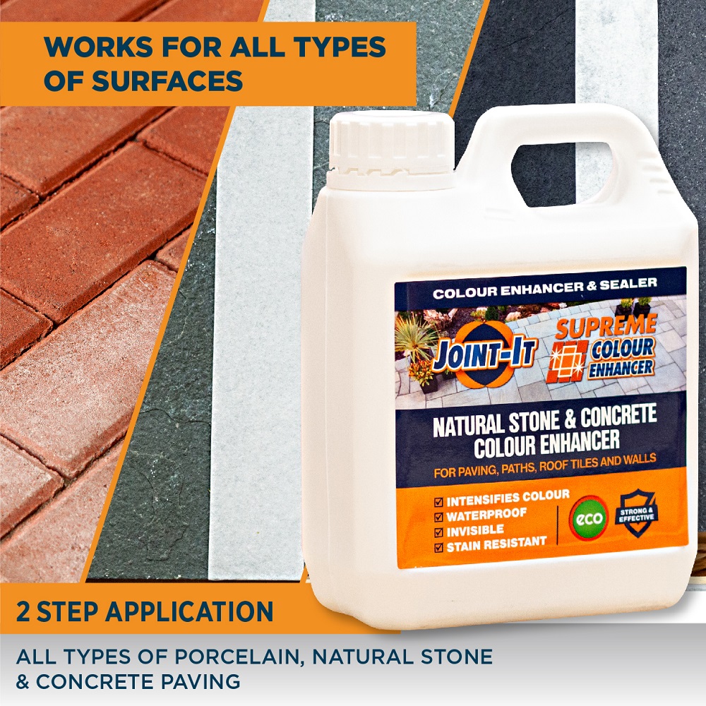 Container of Joint It Supreme Colour Enhancer Sealer for stone, showing its use on different surfaces.