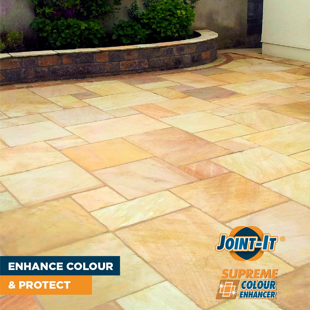 Natural stone patio with vibrant colours, treated with Joint It Supreme Colour Enhancer and Sealer.