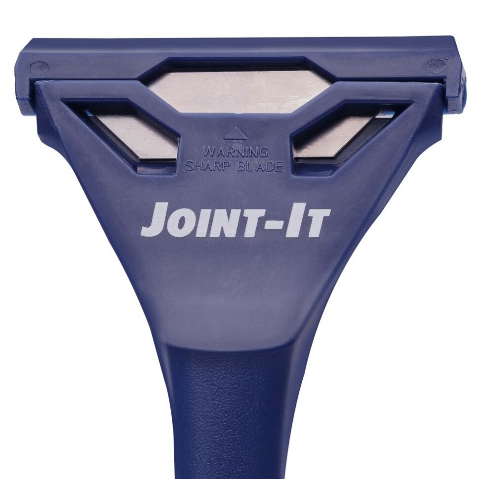 Close-up of a blue Joint It Porcelain Epoxy Grout Removal Scraper with sharp blade warning.