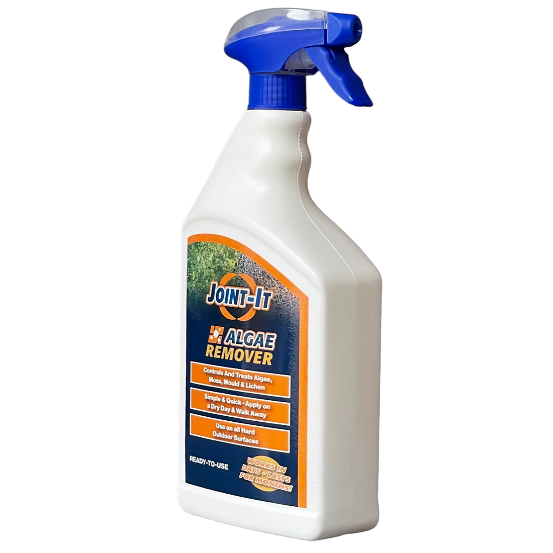 Bottle of Joint It Algae Remover Cleaner with spray nozzle.