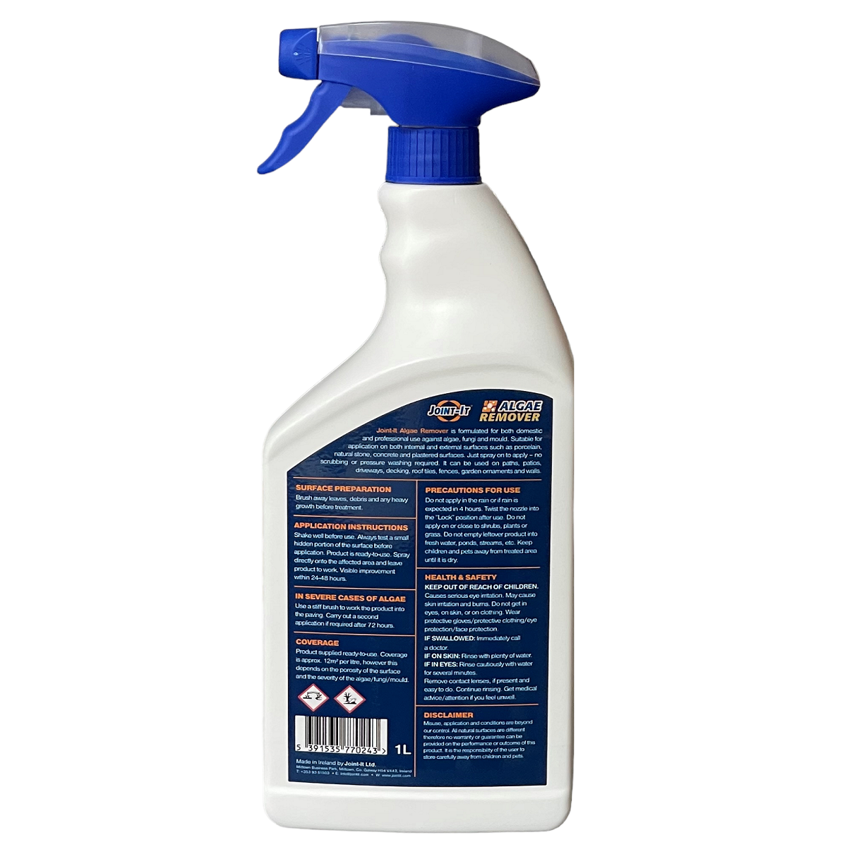 Back view of Joint It Algae Remover Cleaner 1L spray bottle showing instructions and safety information.