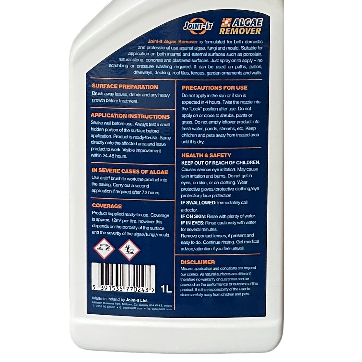 Back label of Joint It Algae Remover Cleaner 1L spray bottle showing instructions and safety information.