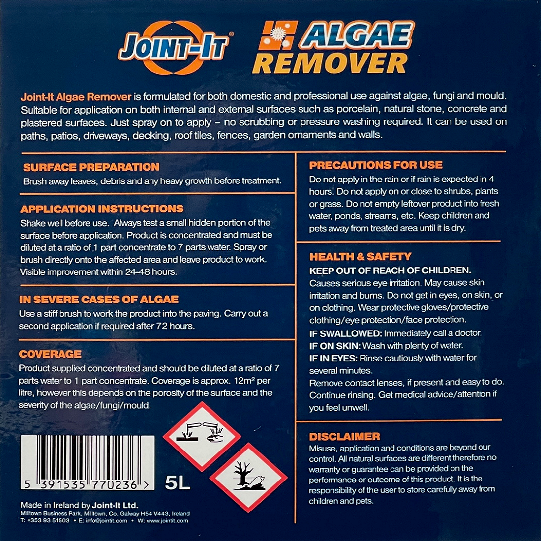 Label of Joint It Algae Remover Concentrate showing instructions and safety information.